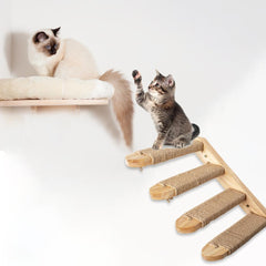 Wall-Mounted Multi-Level Solid Wood Cat Climber with Natural Sisal Scratching Steps and Interactive Play Stairs